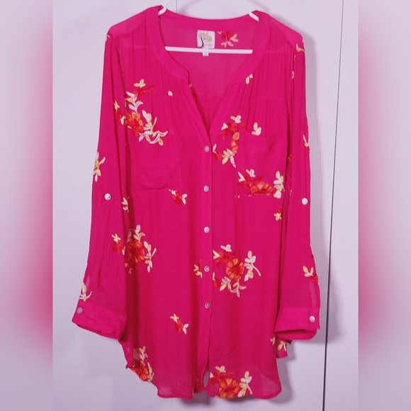 fig and flower Tops - Fig and Flower Pink Floral Embroidered Gauze Blouse Size 2X Long Roll Tab Sleeve